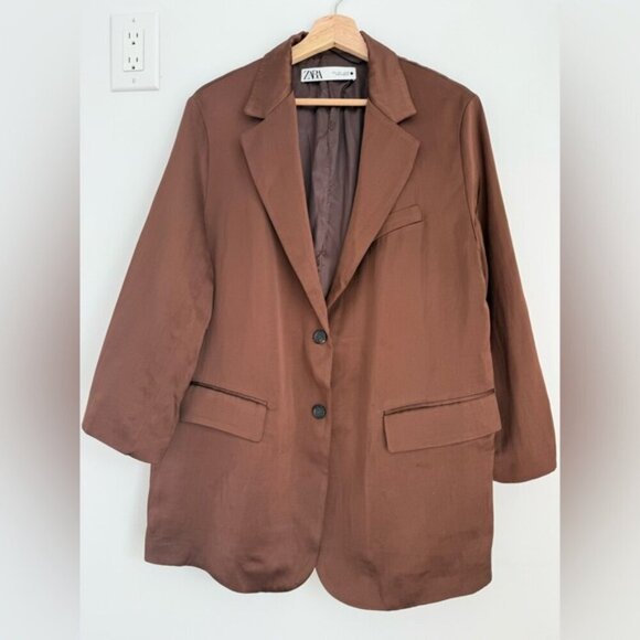 ZARA Brown Satin Linen Blazer size L - Picture 5 of 16